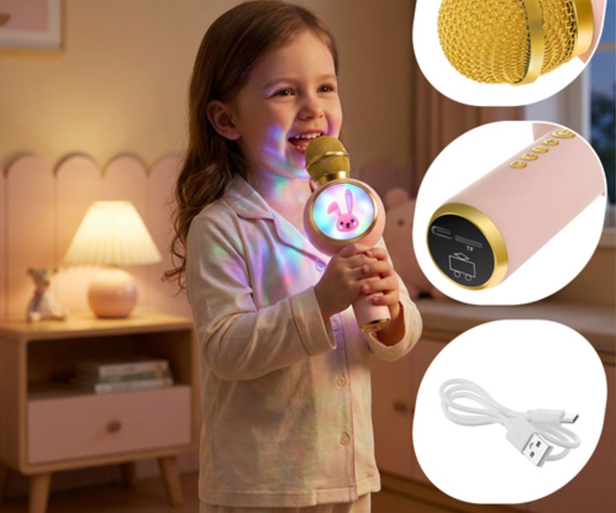 Laps laulab öises keskkonnas, hoides juhtmevaba bluetooth karaoke mikrofoni Rabbit - roosa
