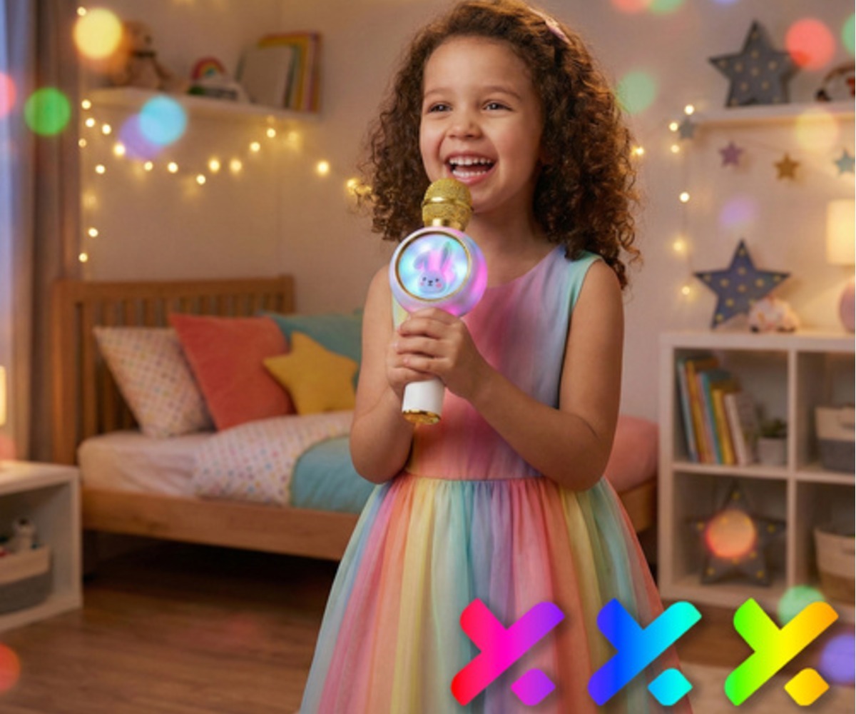 Laps naeratab ja hoiab Juhtmevaba bluetooth karaoke mikrofon Rabbit - valge