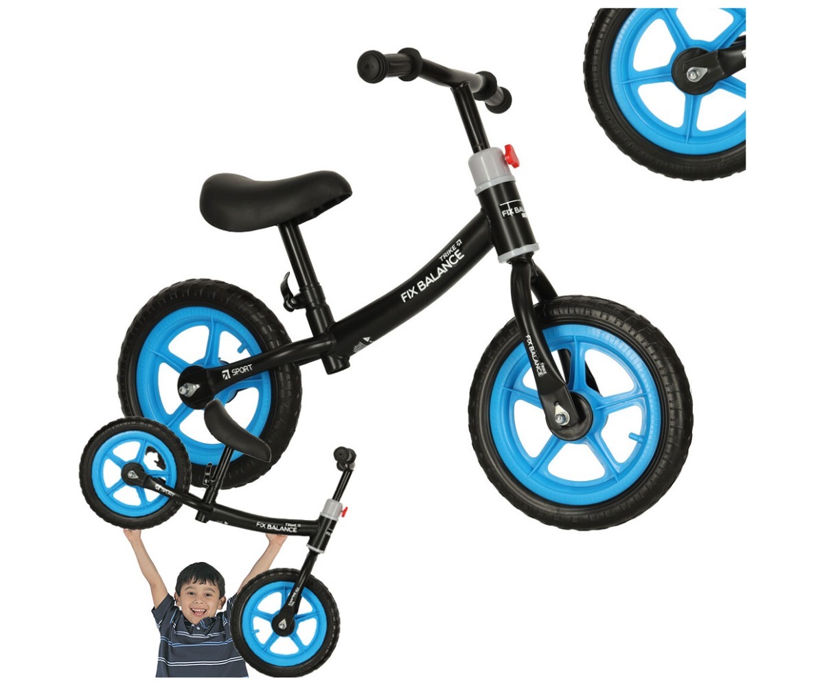 Jooksuratas Trike Fix Balance – must-sinine, kompaktselt kujundatud, siniste ratastega, sobib lastele.