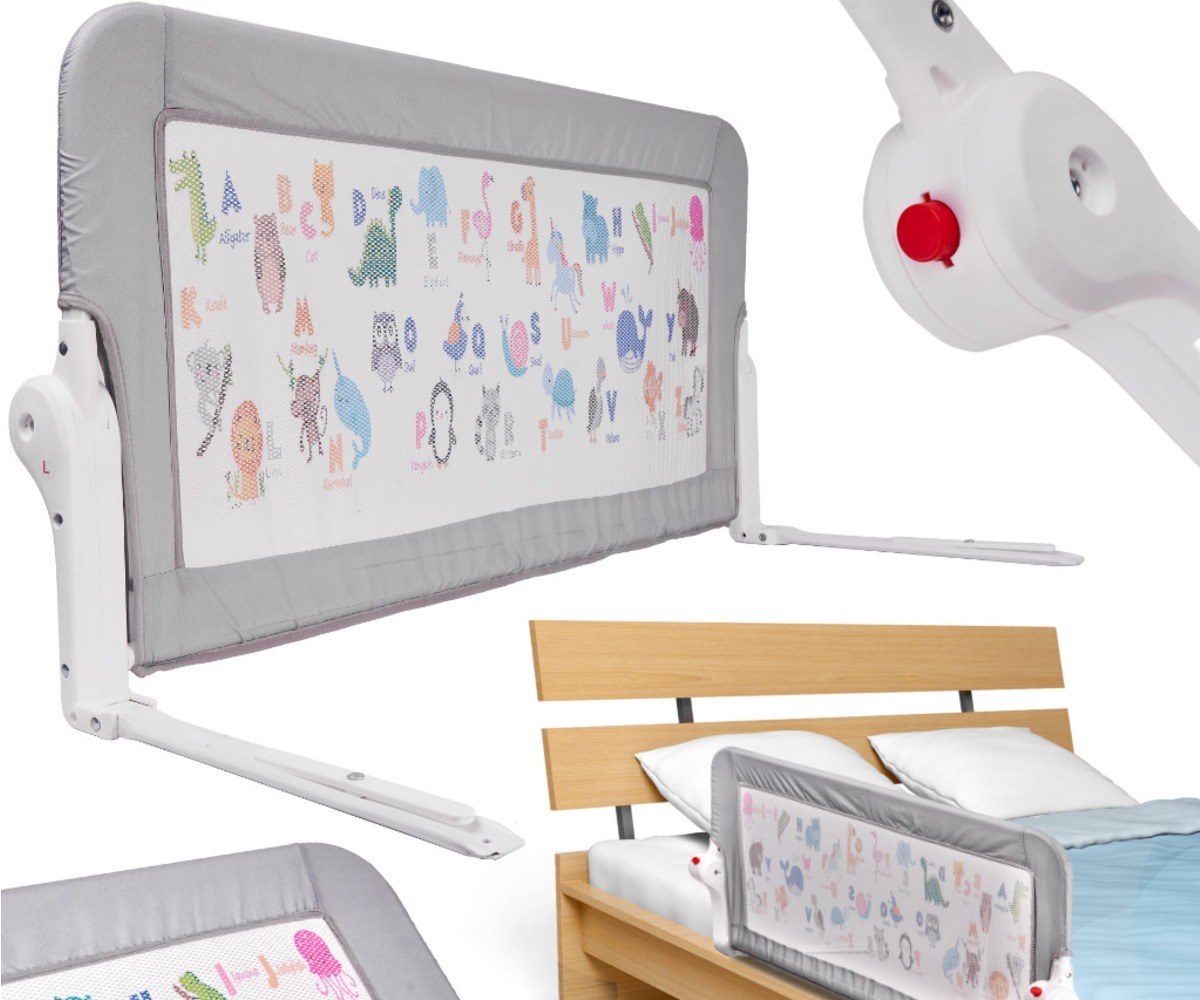 Voodipiire / kaitsebarjäär 90cm – loomamustriga, paigaldatud voodi äärde, looduslike loomade kujutistega.