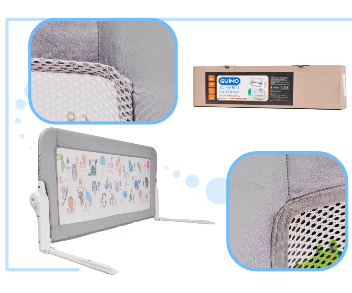 Voodipiire / kaitsebarjäär 90cm – loomamustriga, pakendi lähemal vaatlemisel, näidates kvaliteedi ja disaini detaile.