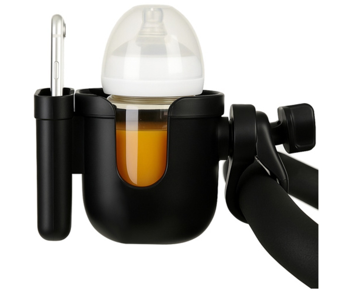 Topsi- ja telefonitugi lapsevankrile - Kruzzel, must hoidik, mis kannab beebitopsi ja telefoni.