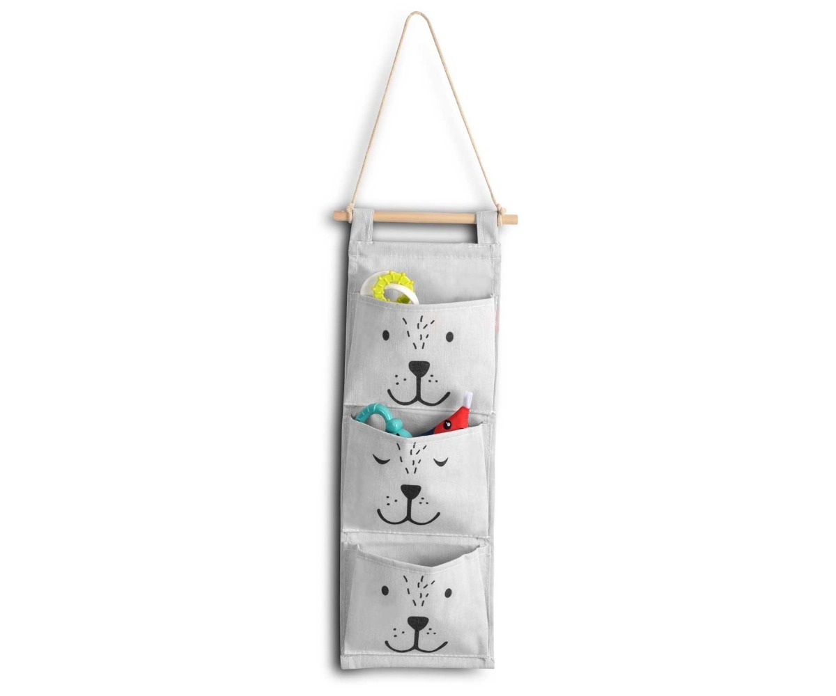 Rippuv mänguasjade organiseerija Nukido NK-403 – hall, milles on mitmed mänguasjad ja karu kujutised.