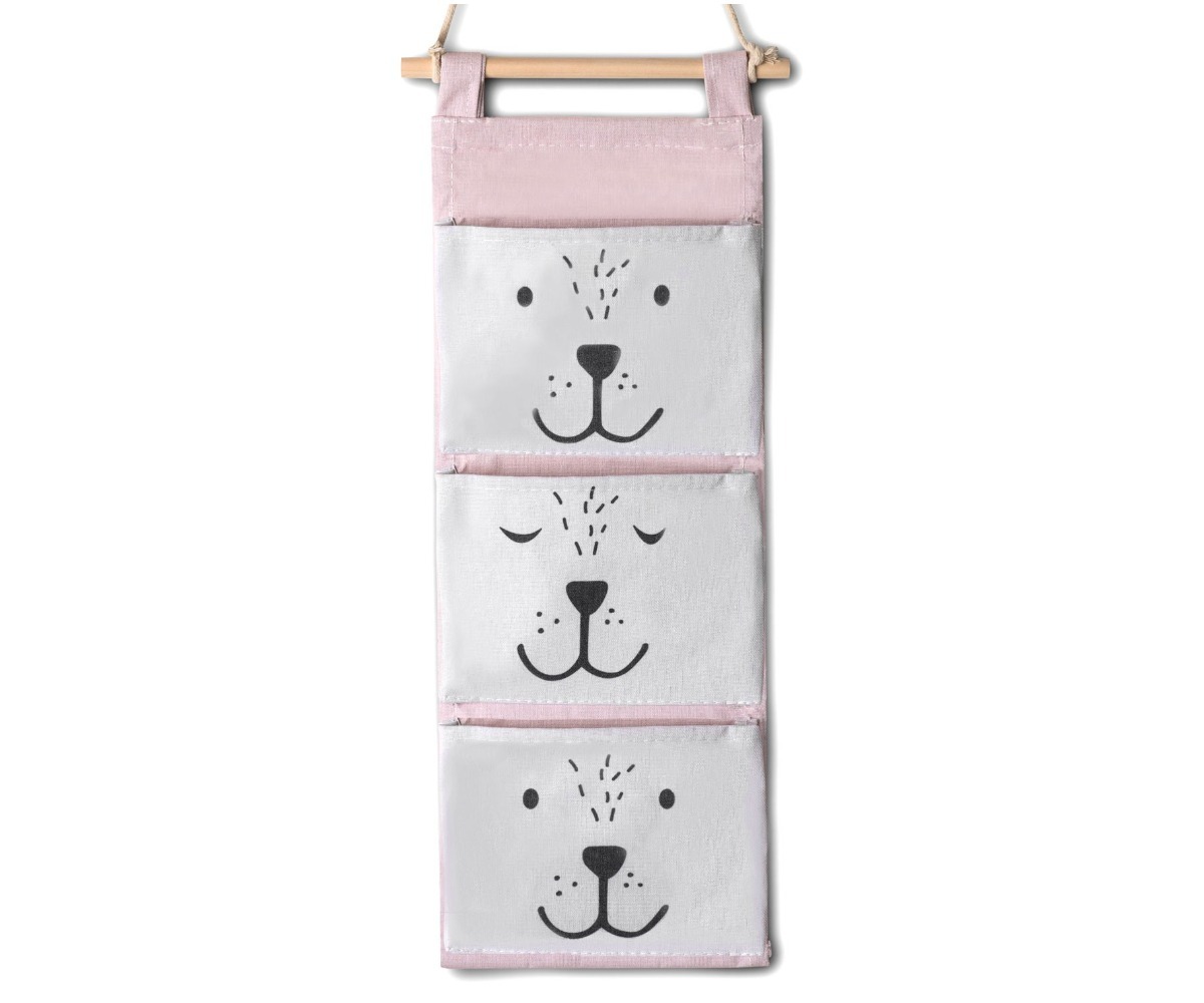 Rippuv mänguasjade organiseerija Nukido – roosa, karu näo disain ja kolm taskut