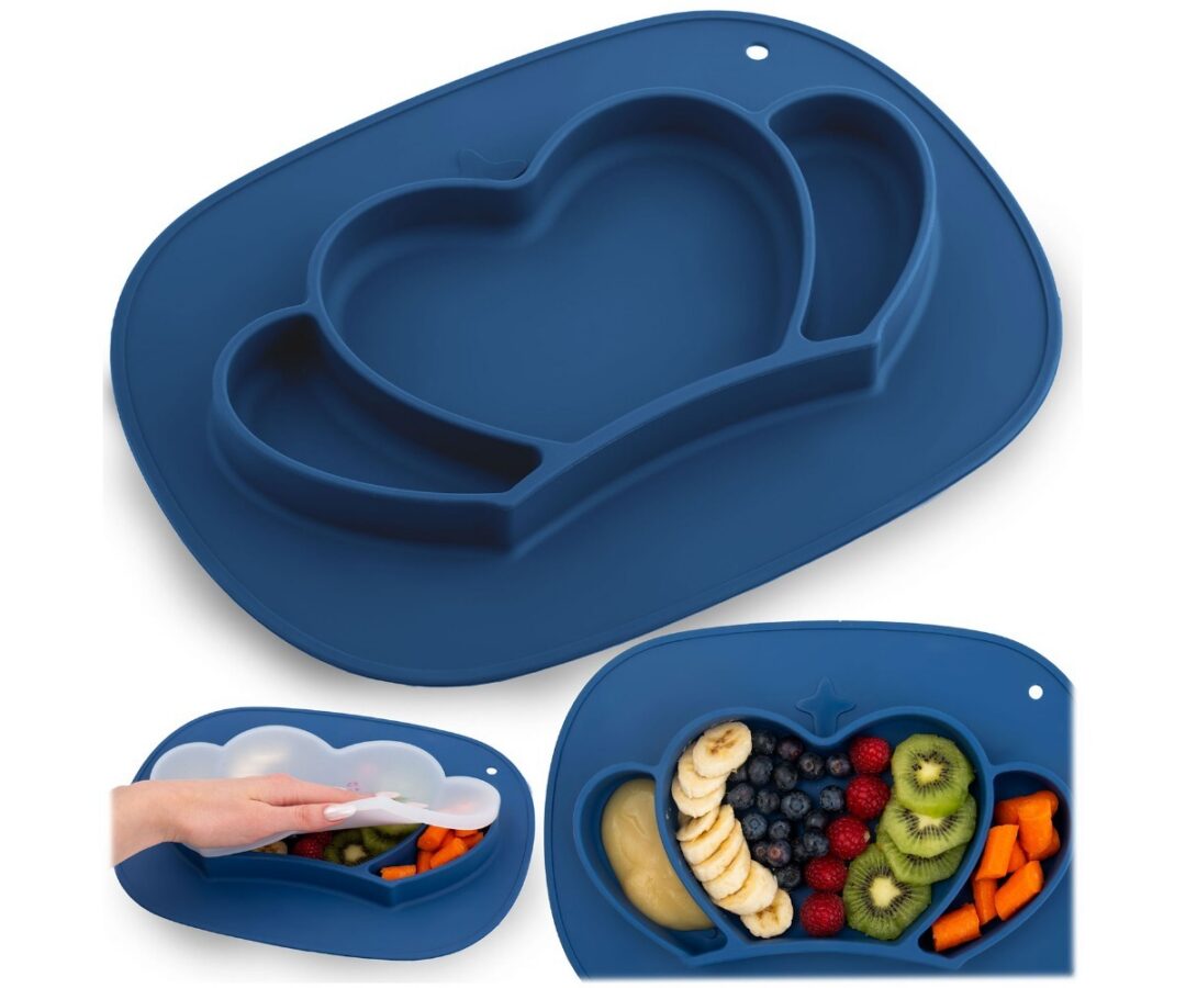 Silikoonist laste taldrik kaanega Ricokids – kroon, sinine ja südamekujuliste sektsioonidega.