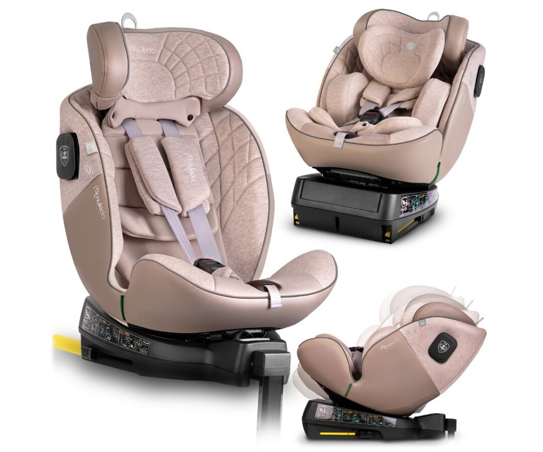 Turvatool Nukido Aero Line ISOFIX 0–36 kg – beež, näidates erinevaid asendeid.