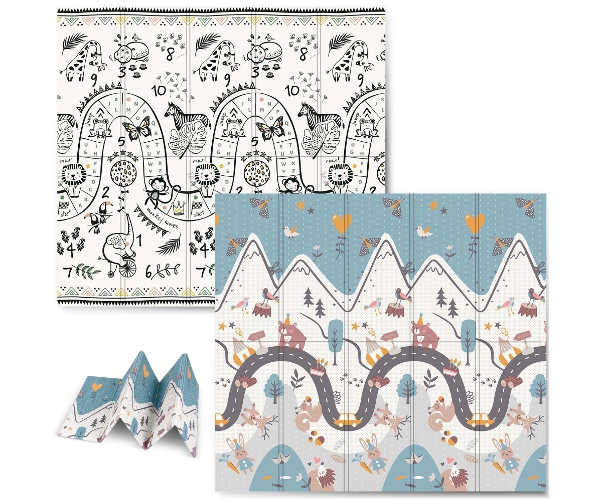 Kokkupandav vahtmängumatt 200×180×1cm - Nukido NK-340, mustvalge disain loomadega