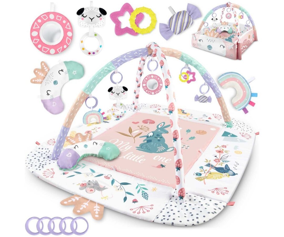 Interaktiivne mängumatt beebile Nukido Ptaszek, 110×100cm, kaunistatud armsate loomade ja värviliste detailidega.