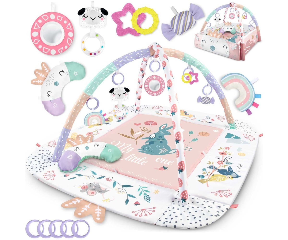 Interaktiivne mängumatt beebile Nukido Ptaszek, 110×100cm, kaunistatud armsate loomade ja värviliste detailidega.