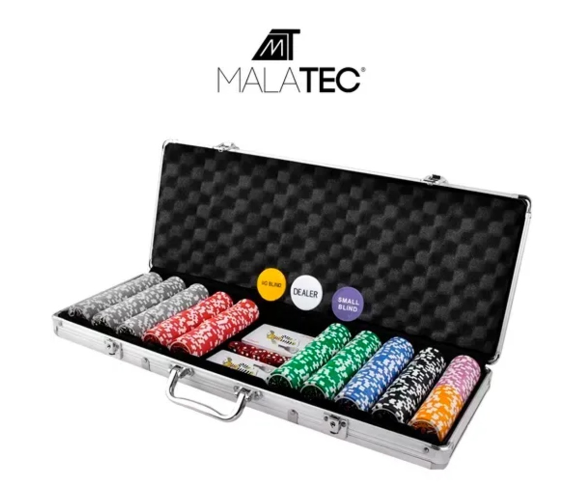 Suletud pokkerikomplekt 500 žetooniga kohvris, ideaalne mängude õhtuks.