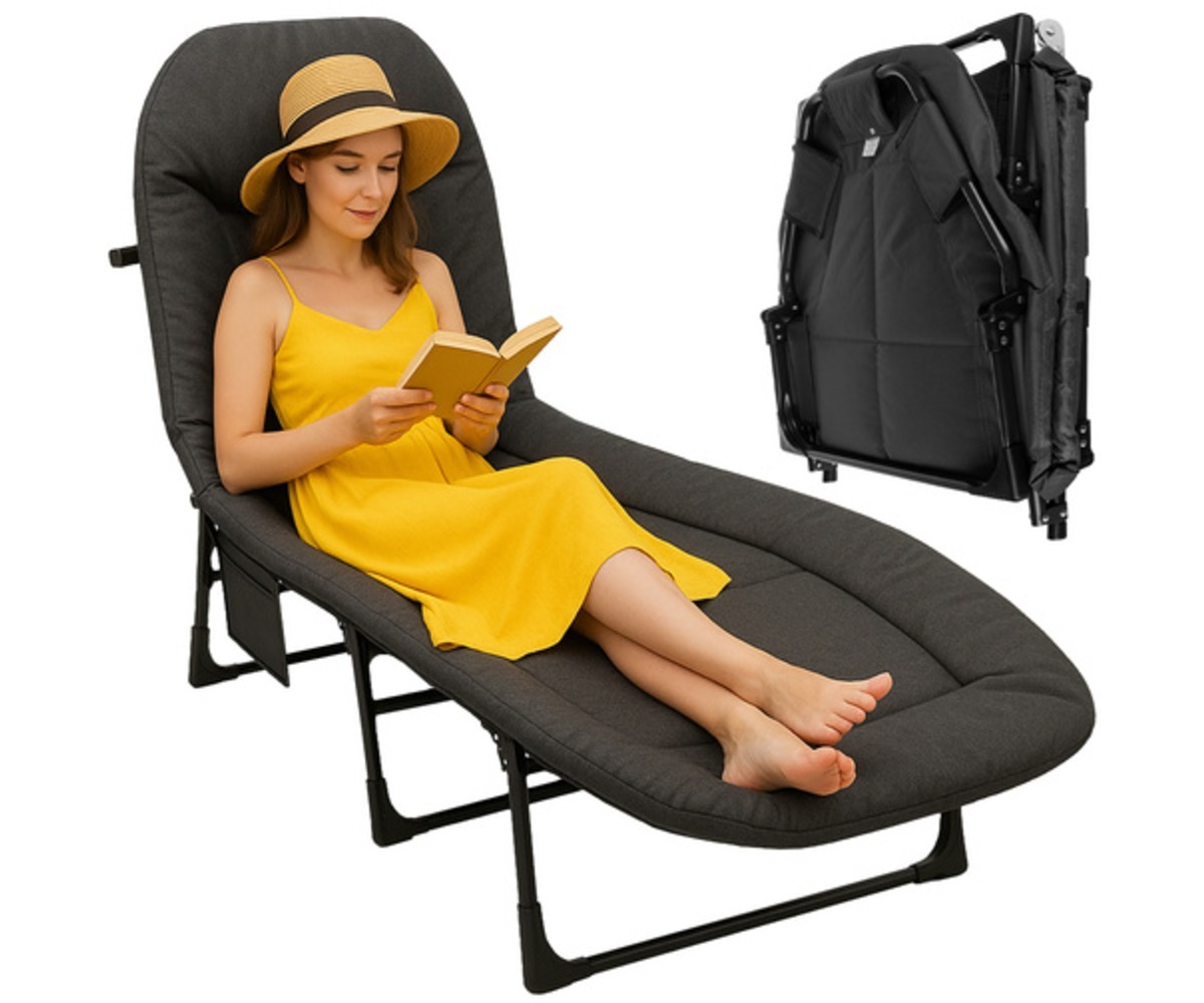 Kokkupandav välivoodi madratsiga 150kg – Trizand, naine lugemas raamatut mugavalt voodis.