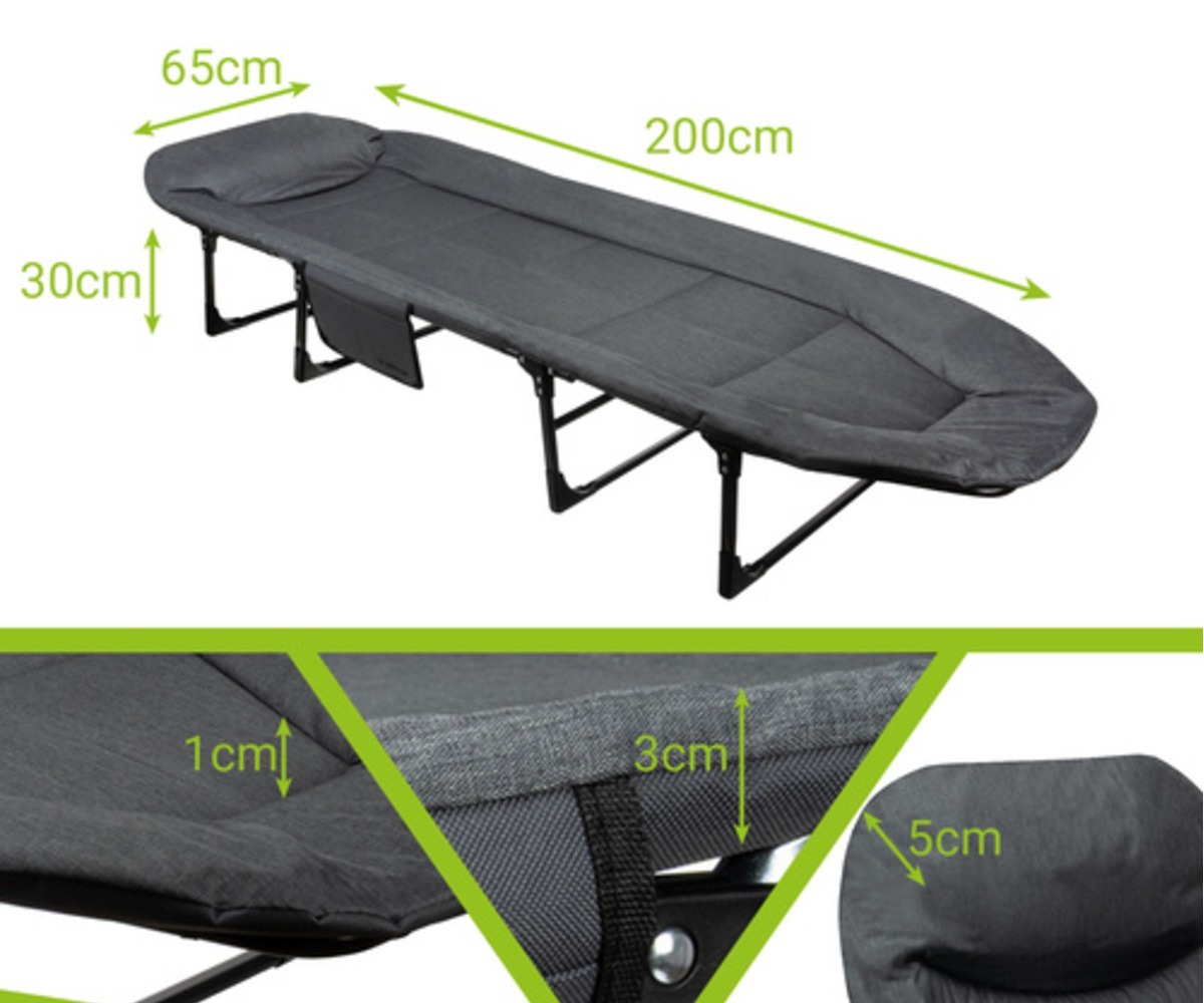 Kokkupandav välivoodi madratsiga 150kg – Trizand, toote mõõtmed graafikuga.