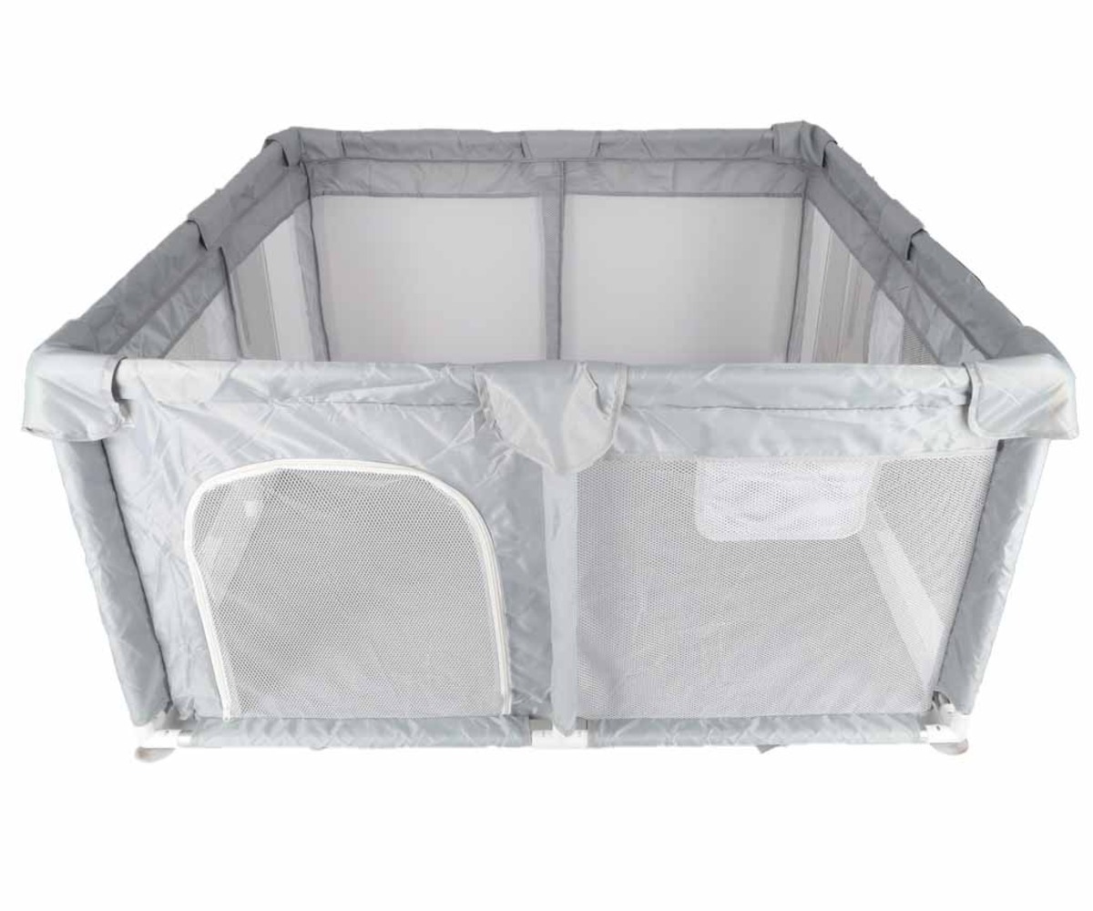 Kokkupandav mänguaedik 120×120cm – hall ja valge, vaade pealt ilma beebita.