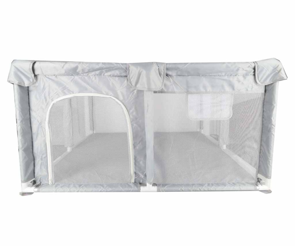 Kokkupandav mänguaedik 120×120cm – hall ja valge, küljelt vaade.