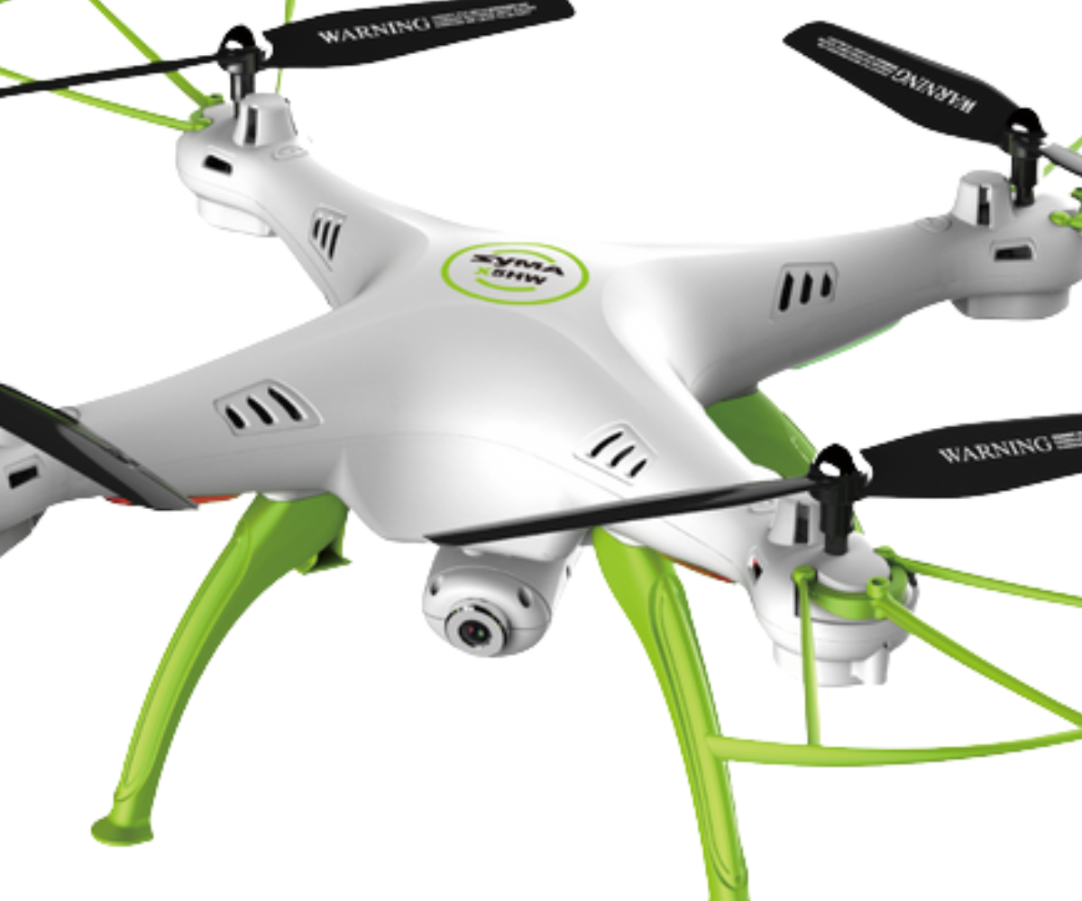 Detailne vaade Kaugjuhitav droon X5HW kaameraga valge-roheline, fookusega kaamera ja seadmetele.