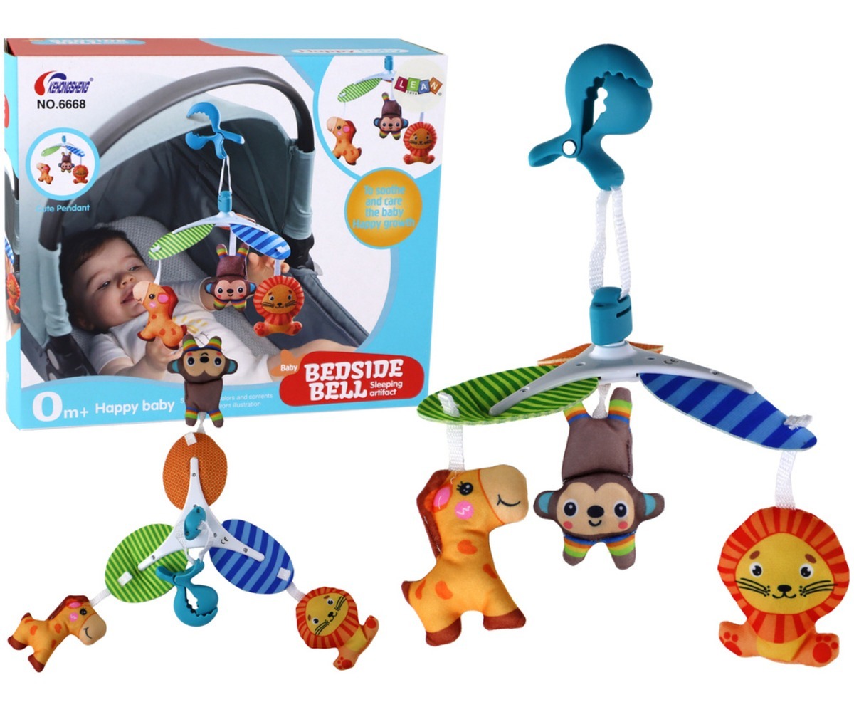 Laste riputatav karussell klambriga loomadega, kus on värvikad ja pehmed loomad.