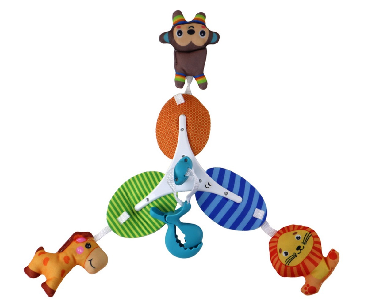 Laste riputatav karussell klambriga loomadega, millel ripuvad rõõmsad loomakesed.