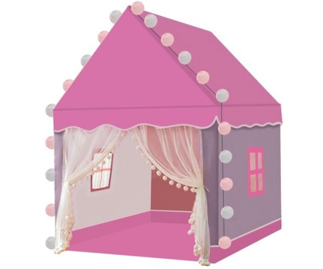 Roosa laste telk LED-tuledega Kruzzel, millel on dekoratiivsed pom pomid ja õhuline kardin.