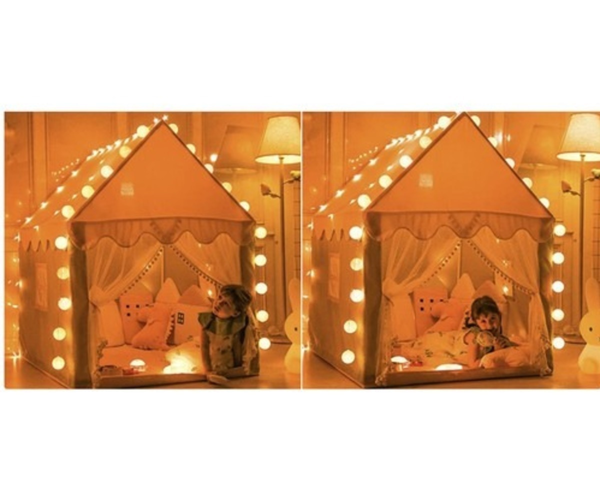 Laste telk LED-tuledega Kruzzel – roosa, õhtune meeleolu, lapsed mängivad telgis.