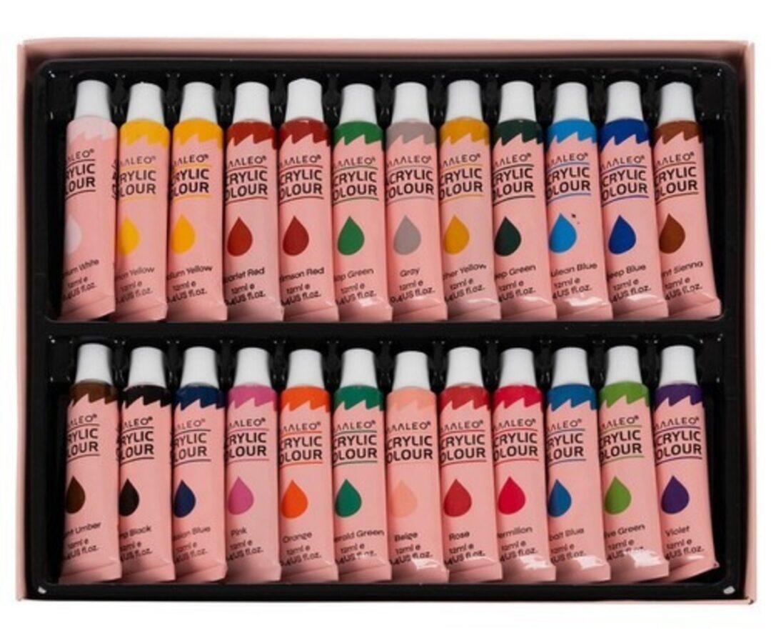 Akrüülvärvid 24 tk – 12ml Maaleo 20363, mis sisaldavad erinevaid värvitoone.