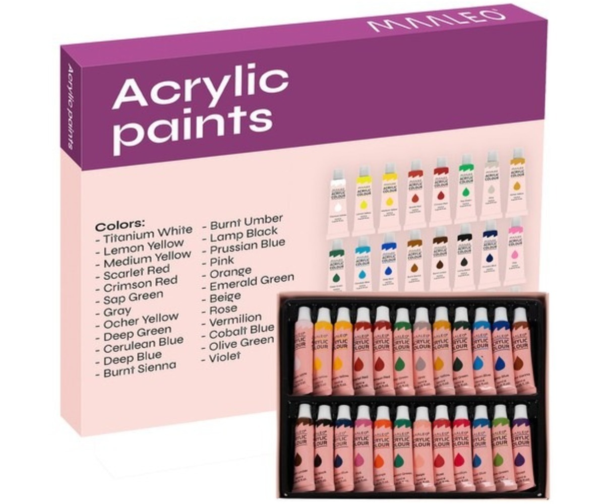 Akrüülvärvid 24 tk – 12ml Maaleo 20363, pakendi ülevaade, kus on loetletud värvid.