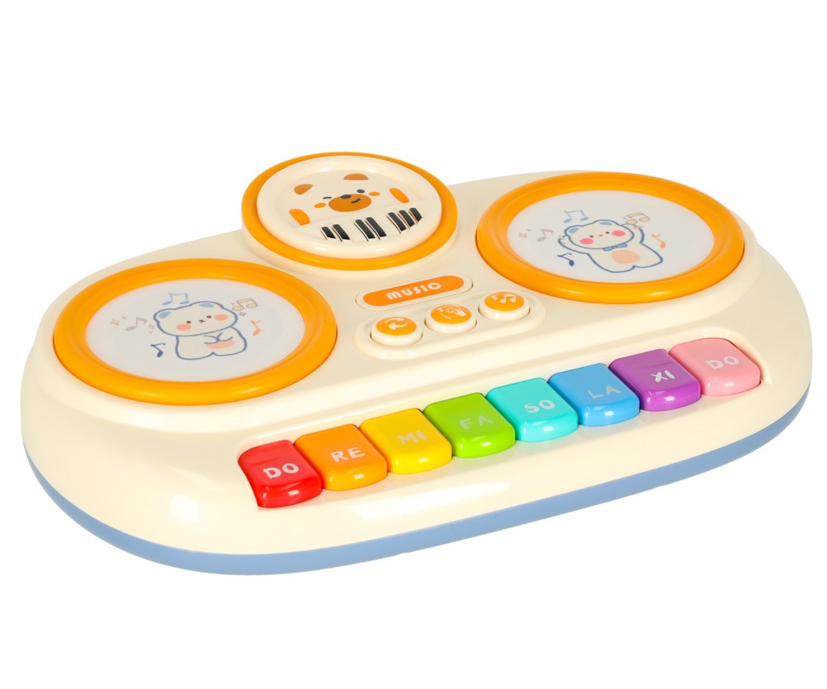 Interaktiivne laste klaver – puudutusele reageeriv (beež) erinevatest vaadetest, pealisvaade ja klahvide lähedus.