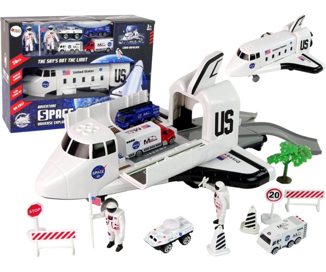 Kosmoselaeva ja transpordilennuki mängukomplekt koos astronautide ja sõidukitega.
