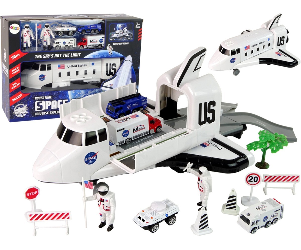 Kosmoselaeva ja transpordilennuki mängukomplekt koos astronautide ja sõidukitega.