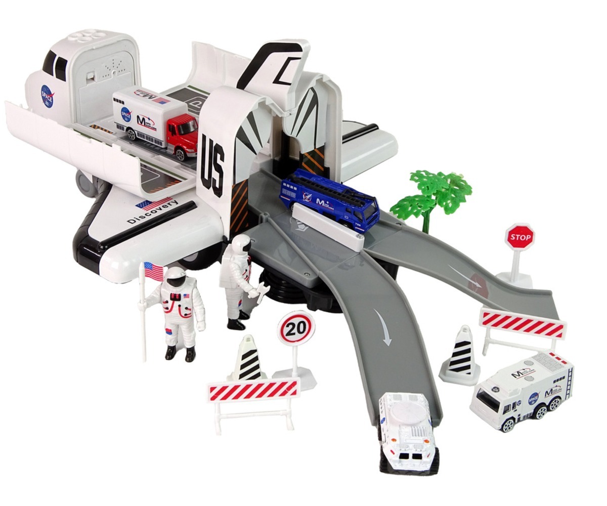 Kosmoselaeva ja transpordilennuki mängukomplekt koos erinevate mängudetailidega.