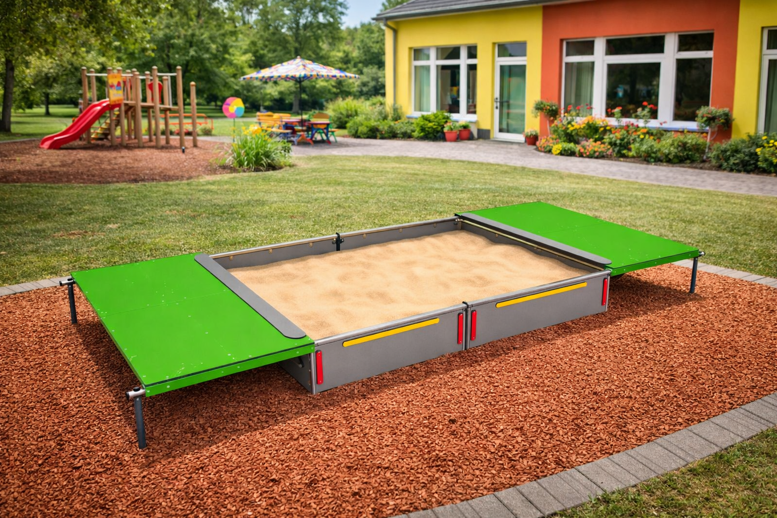 liivakast 3209S avatuna ja taustaks lasteaed