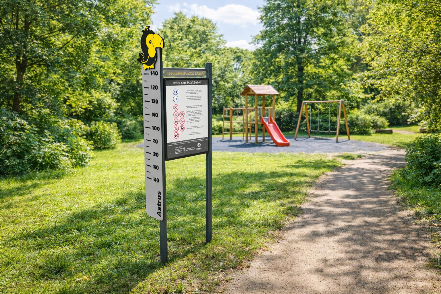 mänguväljaku reeglite infostend, millel ka pikkuse mõõdupuu, mis on halli värvi, taustaks mänguväljak