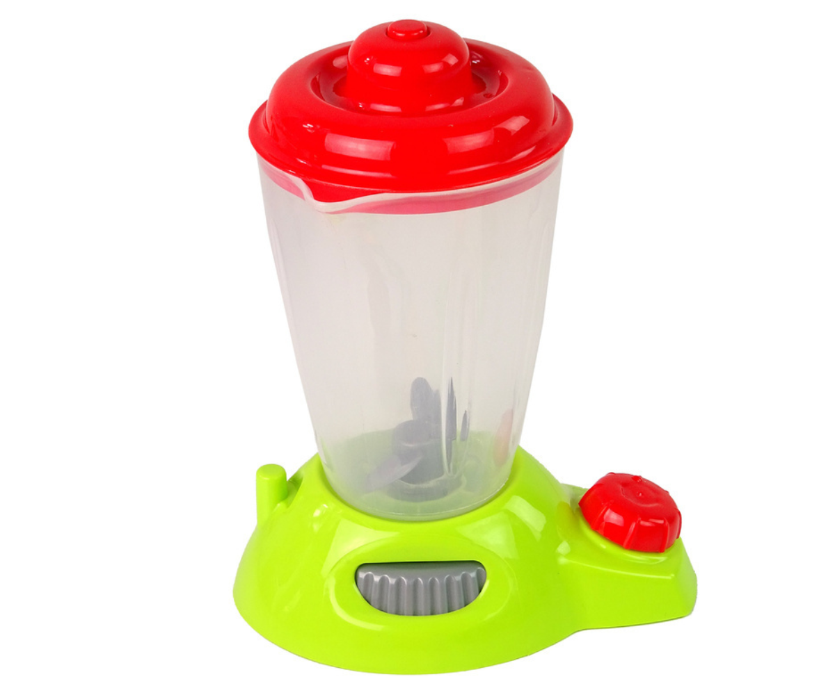 Blender koos lõikelaua ja noaga – detailvaade mängukomplekti tarvikutest.