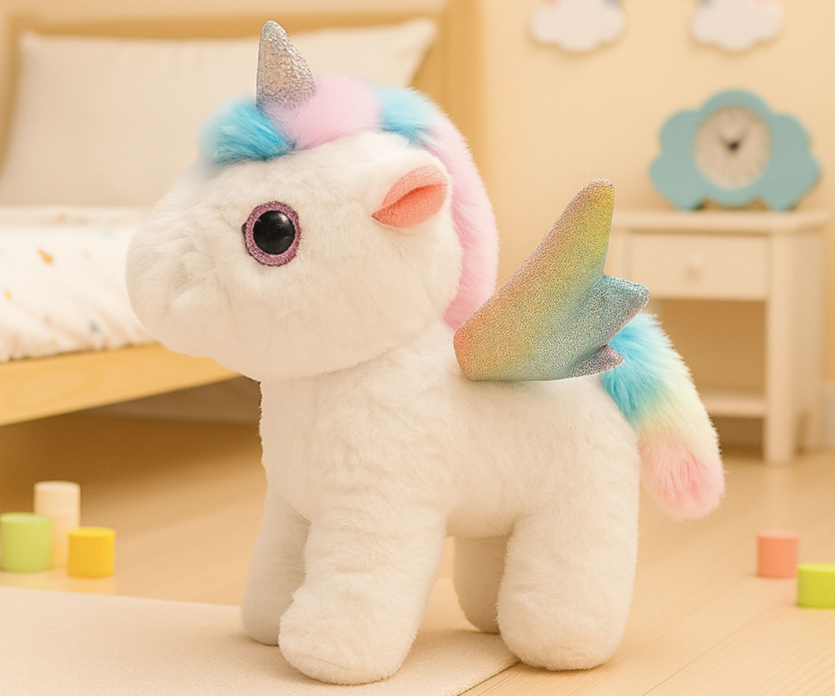 Valge tiibadega plüüsist ükssarvik lastele, pehme ja kaisutatav