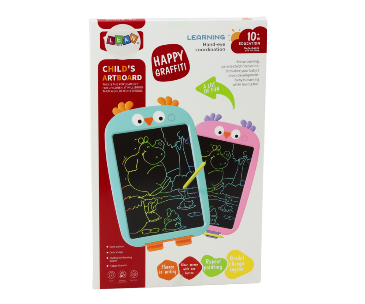 Roosa linnumotiiviga laste graafikatablett eestvaates joonistuspinnaga