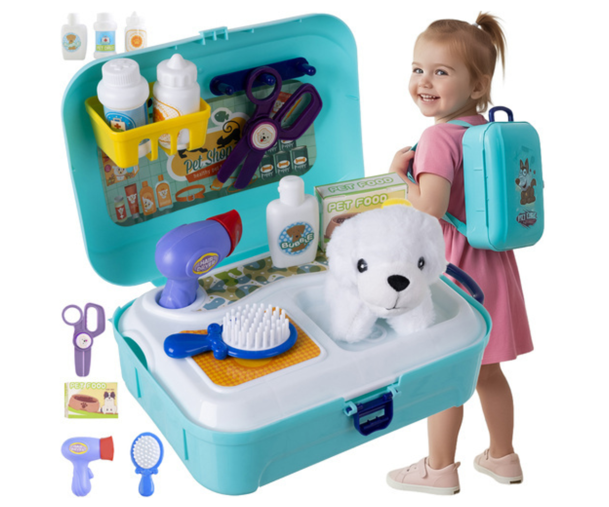 Koera hoolduskomplekt seljakotis – mänguline lemmiklooma ilusalong