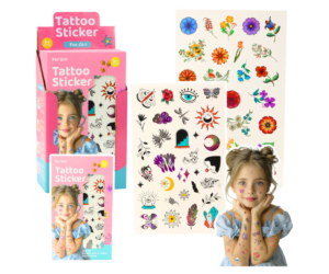 Lillede ja muinasjutumotiividega tätoveeringuleht pakendis