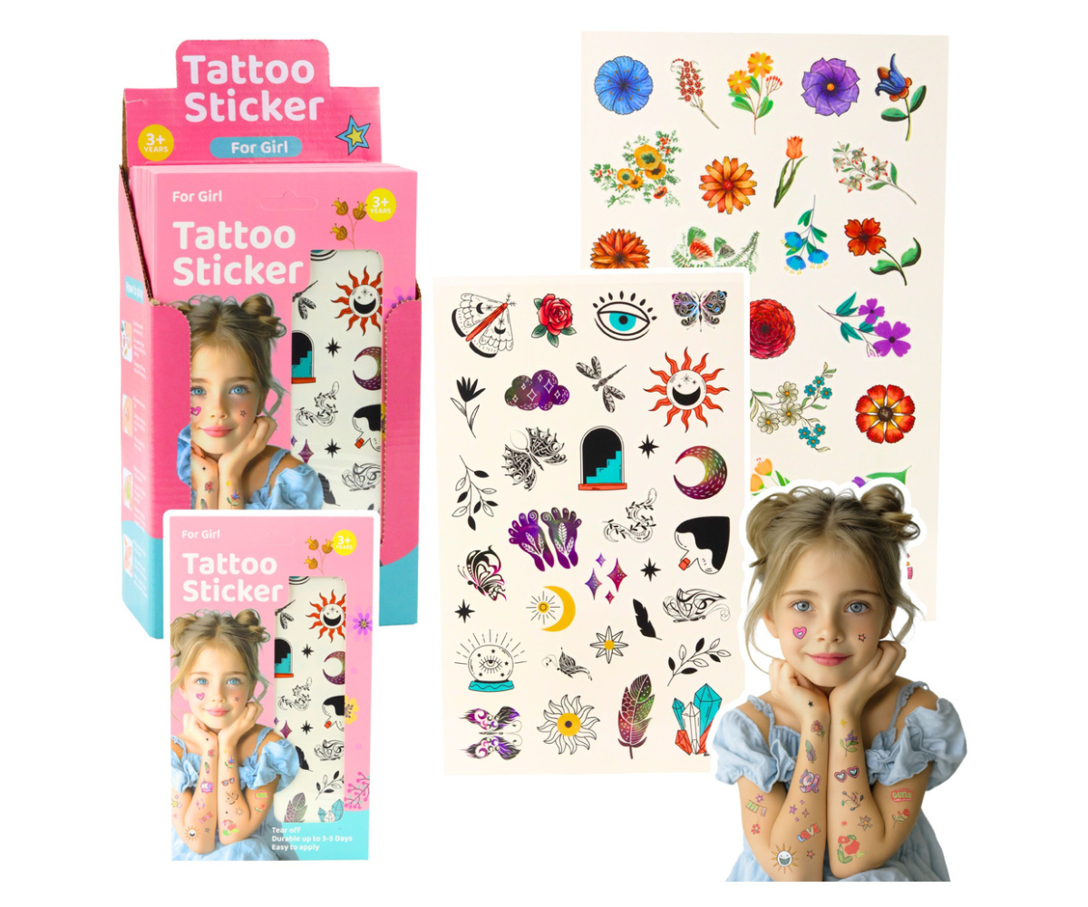 Lillede ja muinasjutumotiividega tätoveeringuleht pakendis