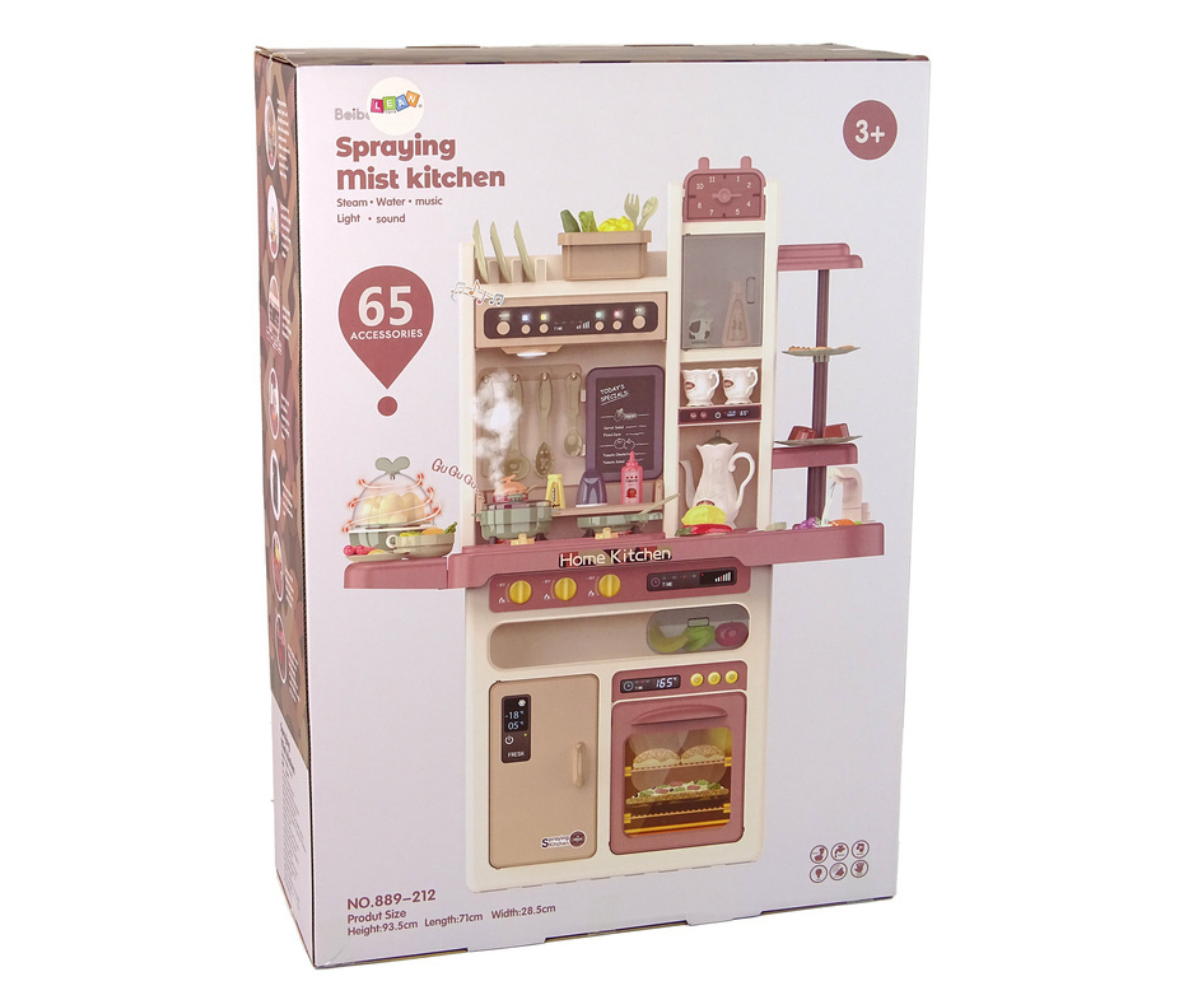 Laste mänguköök vee- ja aurufunktsiooniga, avatud ustega ja valgustusega pliidiga.