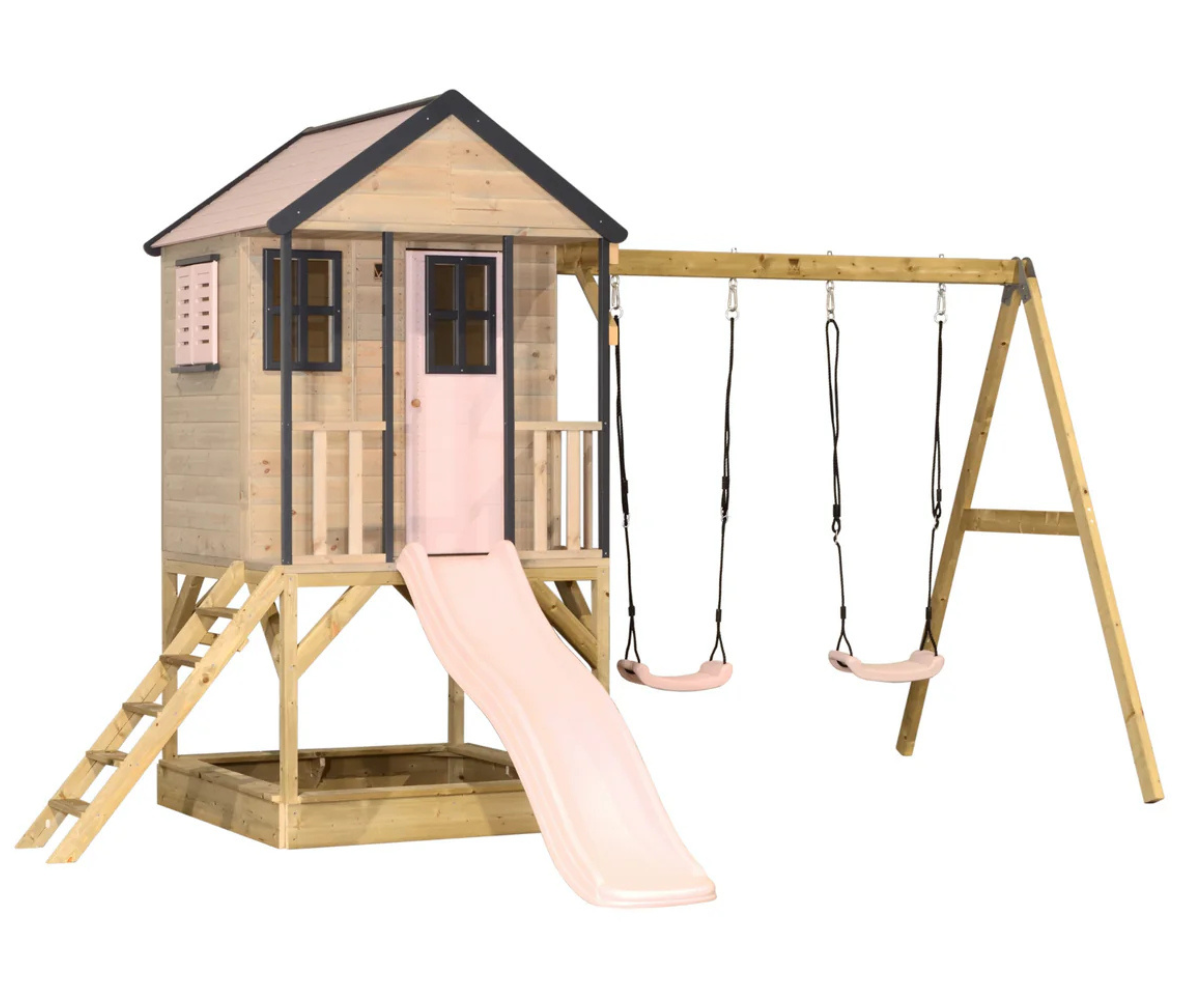 Roosa laste mängumaja Mirell M60 koos kahekordse kiigega aias