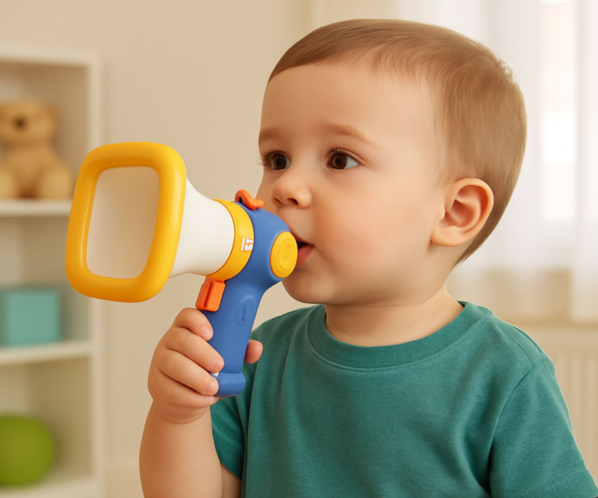 Interaktiivne laste megafon robothääle ja lapse hääle režiimidega loovaks mänguks.