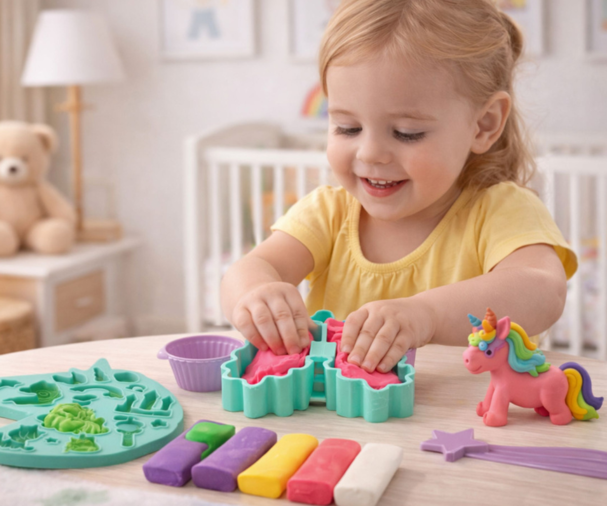 Ükssarviku loovkomplekti detailid: vormid, voolimismass ja tarvikud