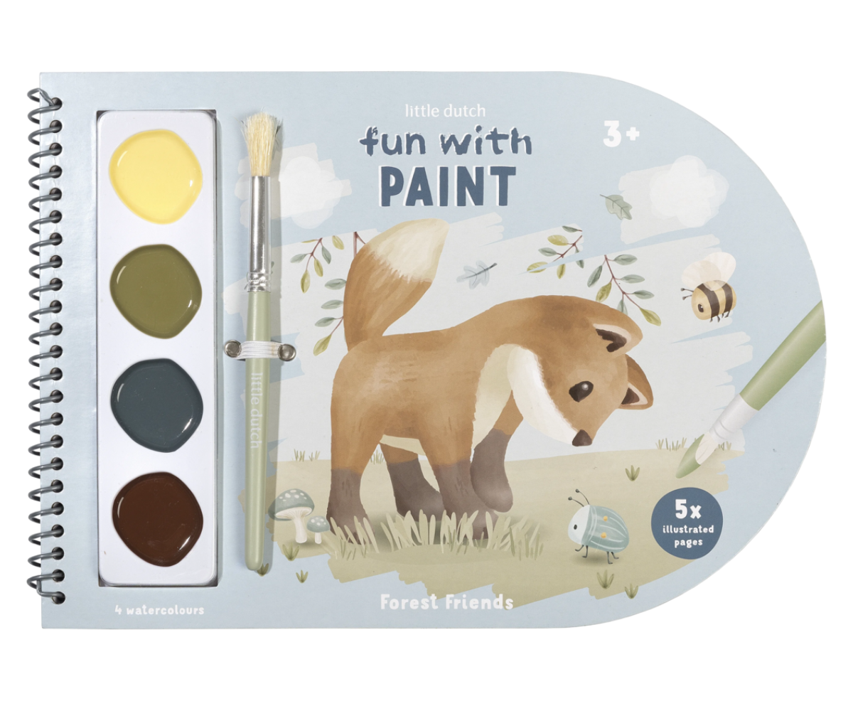 Little Dutch Forest Friends maalimisraamat suletuna, komplektis pintsel ja sisseehitatud vesivärvid.