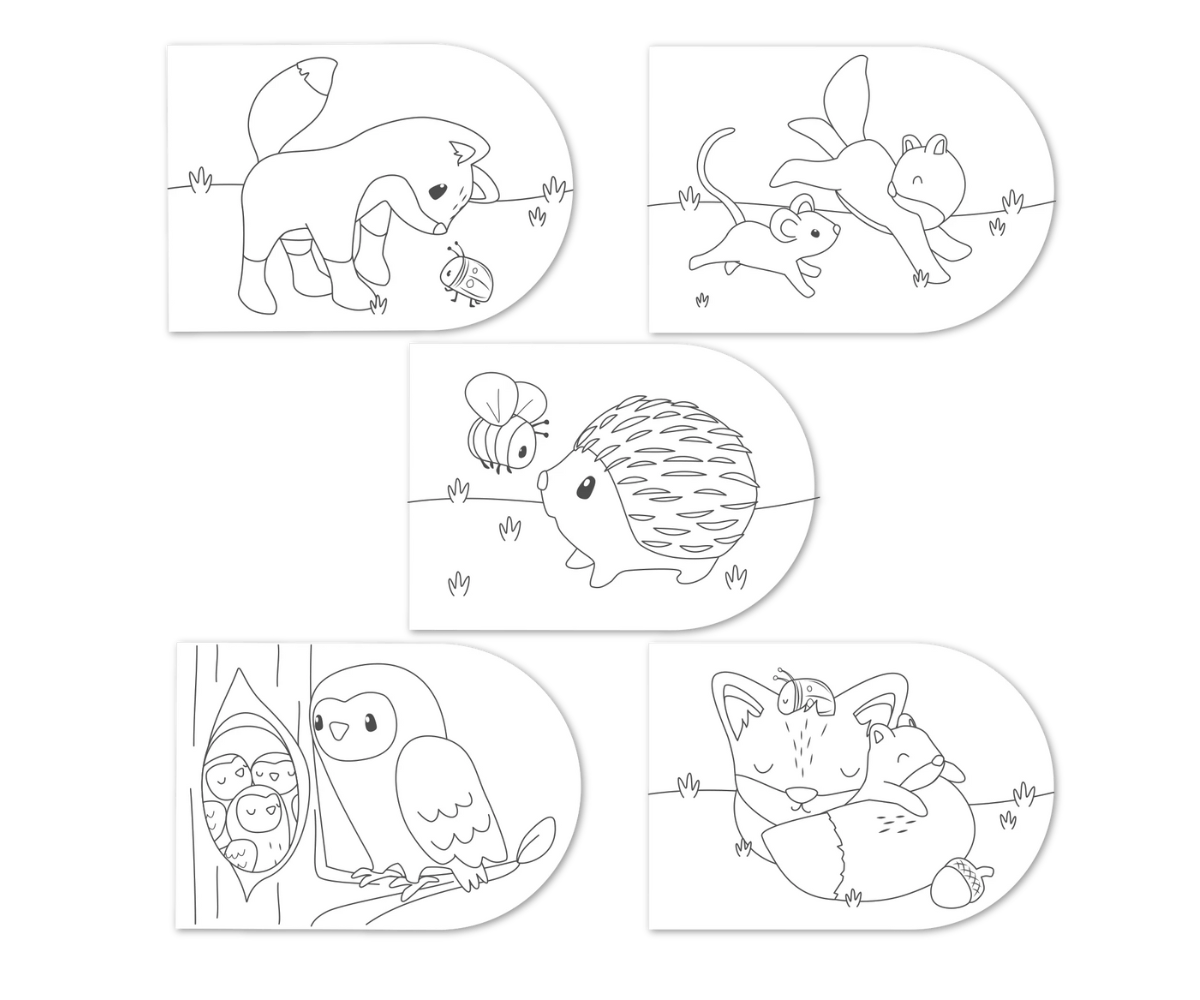 Little Dutch Forest Friends maalimisraamatu sisulehed – 5 illustreeritud metsateemalist pilti ja tühjad lehed joonistamiseks.