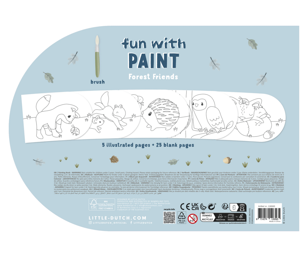 Little Dutch Forest Friends maalimisraamat koos pintsliga, avatud lehel metsloomade illustratsioonid.