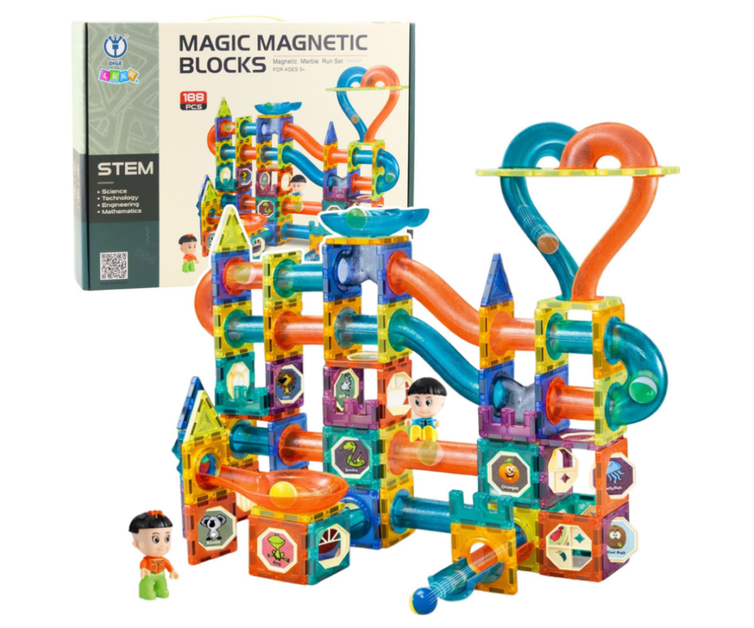 Värvilised magnetklotsid ja kuulirada loovaks ja loogiliseks mänguks