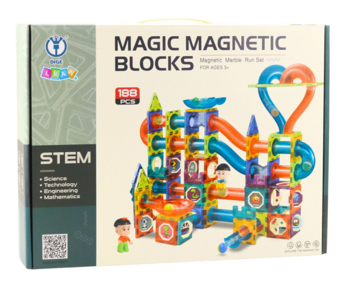 Magnetklotside ja kuuliraja komplekt 188-osaline värviline ehitusmäng