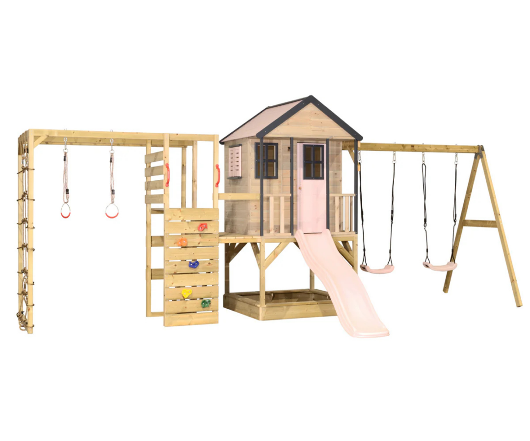 Roosa mängumaja Mirell M60-G koos liumäe, topeltkiige ja ronimismooduliga aias