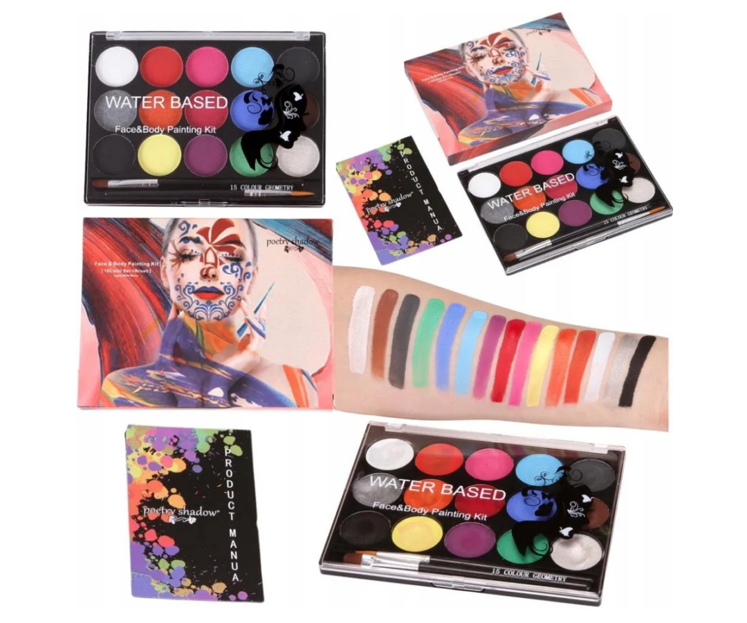 Näomaalingute komplekt 15 värviga ja kahe pintsliga avatud pakendis.