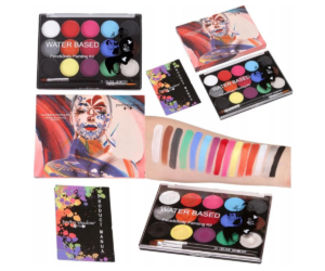 Näomaalingute komplekt 15 värviga ja kahe pintsliga avatud pakendis.