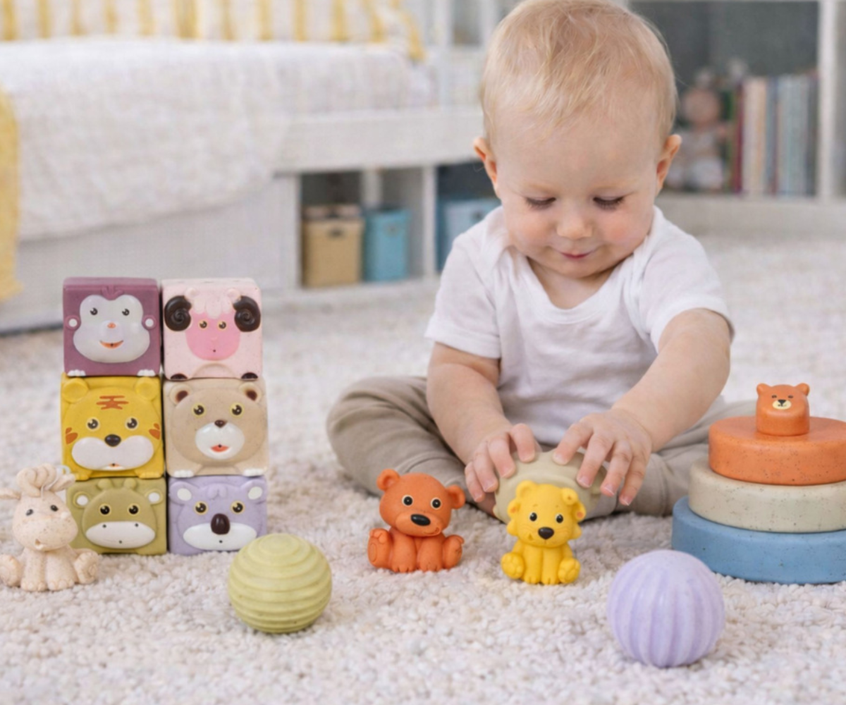 Arendav sensoorne mänguasjakomplekt loomade, pallide ja klotsidega